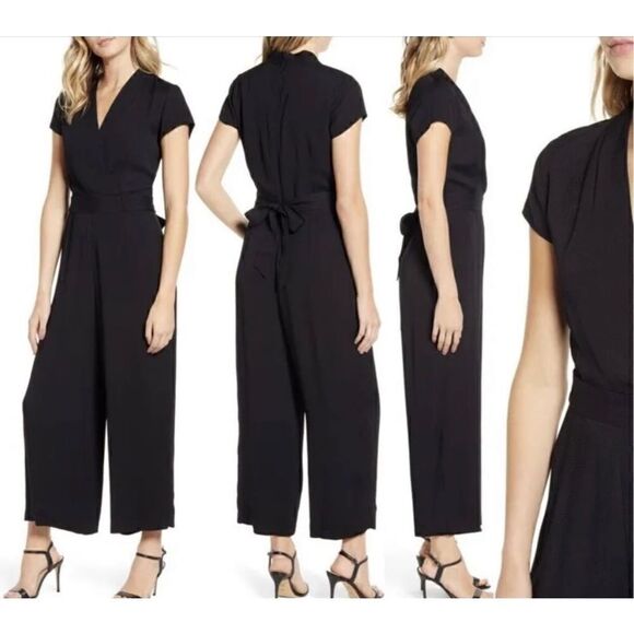 Chelsea.28 Jumpsuit Size Medium Black Cap Sleeve Belted Wide Leg Pants NWT - Picture 1 of 14
